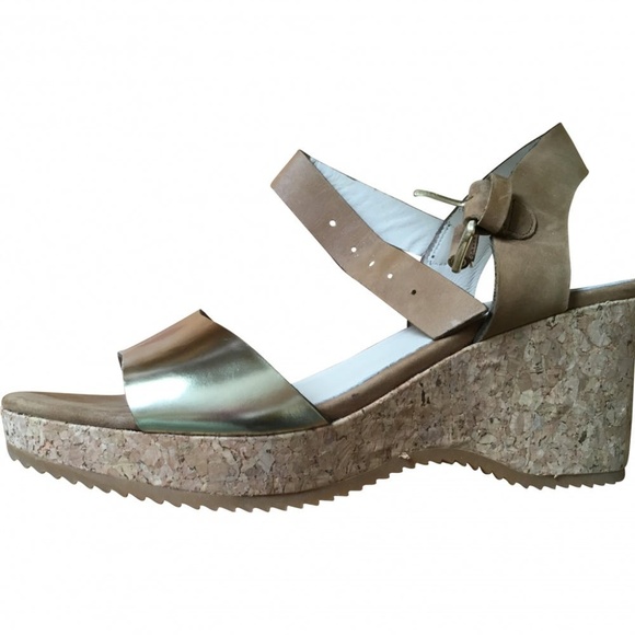 Boden Johnnie Leather Gold Cork Wedge Sandals